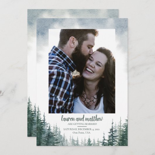 Pine Tree Rustic Wedding Save the Date with Photo (Voorkant / Achterkant)