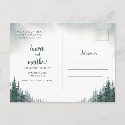 Pine Tree Rustic Wedding Save the Date with Photo Briefkaart (Achterkant)