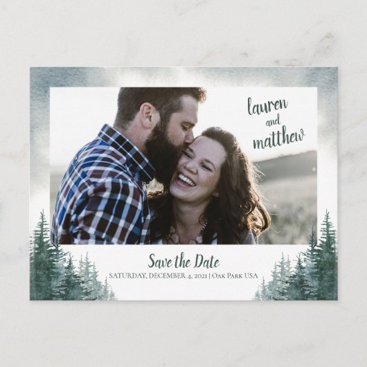 Pine Tree Rustic Wedding Save the Date with Photo Briefkaart (Voorkant)