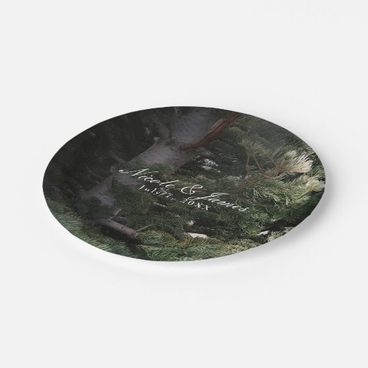 Pine Tree rustieke bos Bossen bruiloft receptie Papieren Bordje (Gekanteld)