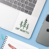 Pine tree silhouette- up north - outdoor avventure sticker (Laptop met iPhone)