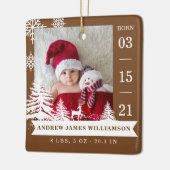 Pine Tree & Snow Baby Geboorte Statistieken & Foto Keramisch Ornament (Links)