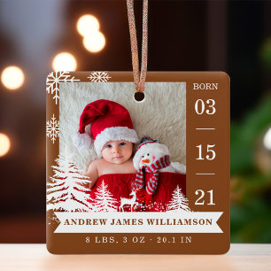 Pine Tree & Snow Baby Geboorte Statistieken & Foto Keramisch Ornament