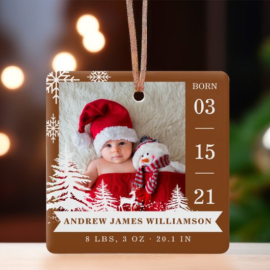 Pine Tree & Snow Baby Geboorte Statistieken & Foto Keramisch Ornament