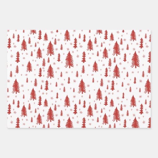 Pine Tree Snowflake Doodle Red Beige Green Trio Inpakpapier Vel (Voorkant 2)