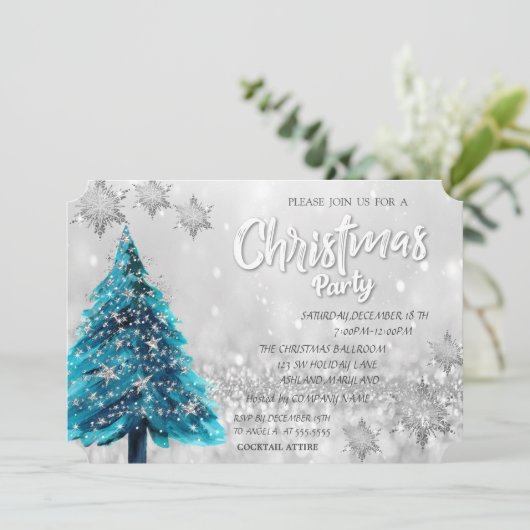 Pine Tree Stars Bokeh Corporate Kerstparty Kaart (Staand voorkant)