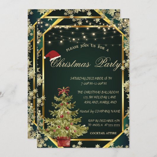 Pine Tree,Stars Lines Green Christmas Company  Kaart (Voorkant / Achterkant)