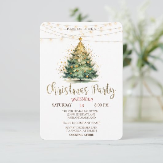 Pine Tree, String Lights Green Christmas Party Kaart (Staand voorkant)
