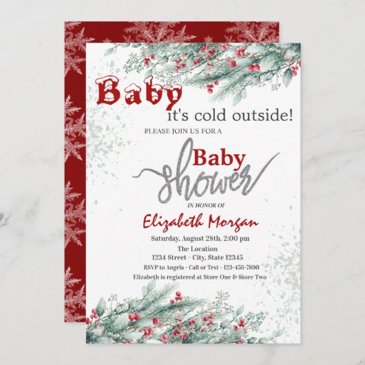 Pine Tree takken Holly Berry Snow Baby shower Kaart (Voorkant / Achterkant)