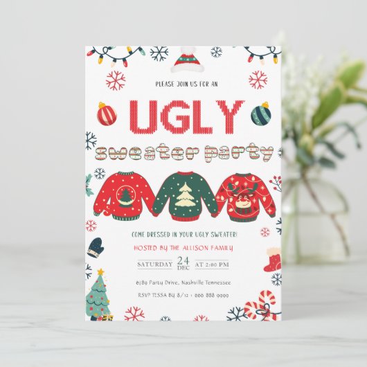 Pine tree Ugly Sweater Kerstfeest Kaart (Staand voorkant)