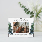 Pine Tree Waterverf Merry-kerstscript Foto Feestdagenkaart (Staand voorkant)