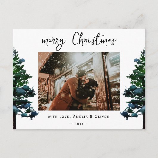 Pine Tree Waterverf Merry-kerstscript Foto Feestdagenkaart (Voorkant)