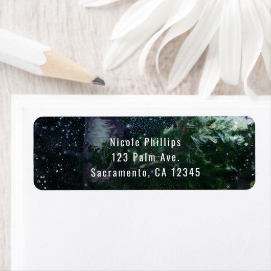 Pine Tree Winter Night Forest Weddenation Etiket (Insitu)