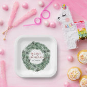 Pine Tree Wreater Merry-kerstgroen & Red Papieren Bordje (Feest)