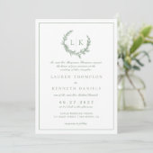 Pine Tree Wreath Monogram Sage Green Wedding Kaart (Staand voorkant)