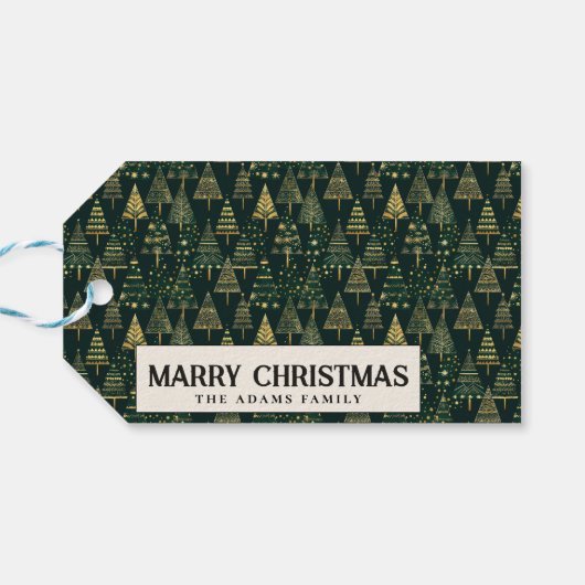 Pine Trees and Stars Green Custom Merry Christmas Cadeaulabel (Achterkant Horizontaal)
