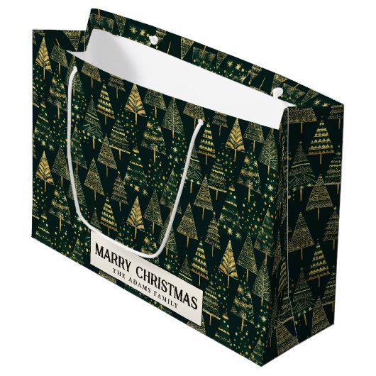 Pine Trees and Stars Green Custom Merry Christmas Groot Cadeauzakje (Voorkant Gekanteld)