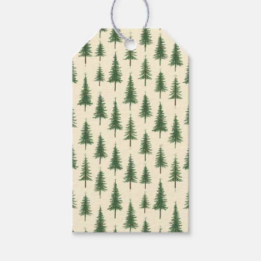 Pine Trees Beige Waterverf Kerstvakantie Cadeaulabel (Voorkant)