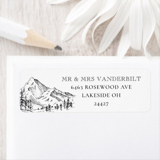 Pine Trees Berg Bruiloft Retouradres Label (Insitu)