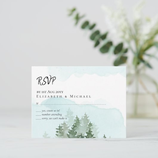 Pine Trees Blauwgroen en Sage Wedding Briefkaart (Staand voorkant)