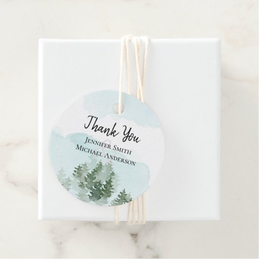 Pine Trees Blauwgroen en Sage Wedding Favor Labels (In situ)