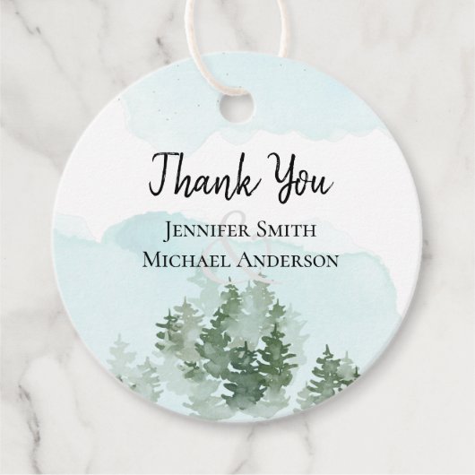 Pine Trees Blauwgroen en Sage Wedding Favor Labels (Voorkant)