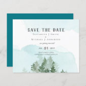 Pine Trees Blauwgroen en Sage Wedding Save Date (Voorkant / Achterkant)