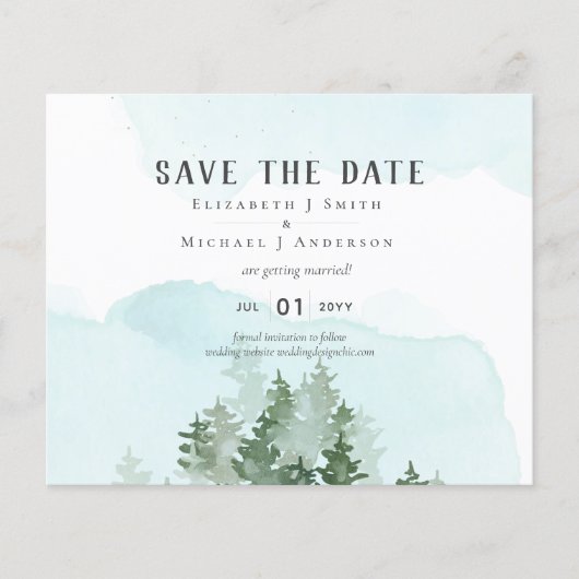 Pine Trees Blauwgroen en Sage Wedding Save Date (Voorkant)