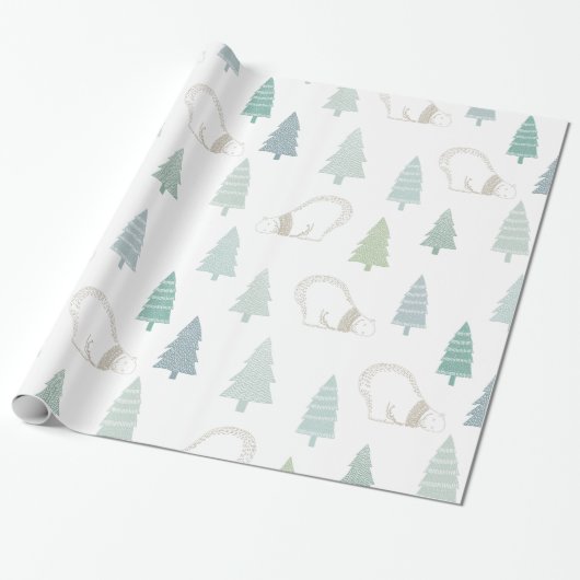 Pine Trees en een White Polar Beer Prettige feestd Cadeaupapier (Uitgerold)