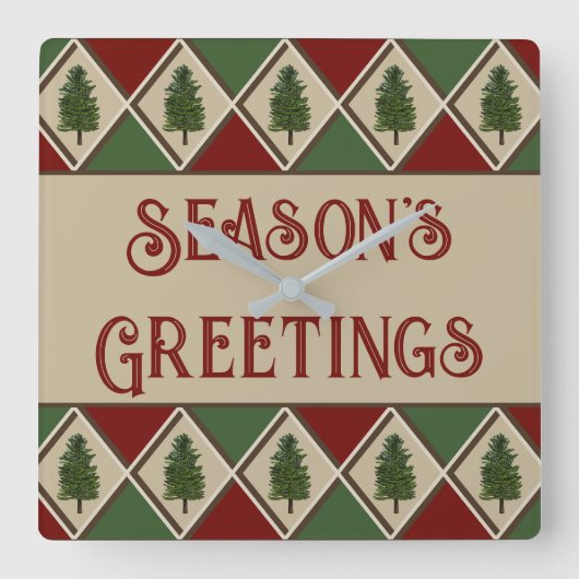 Pine Trees en Harlequin Wall Clock Vierkante Klok (Voorkant)