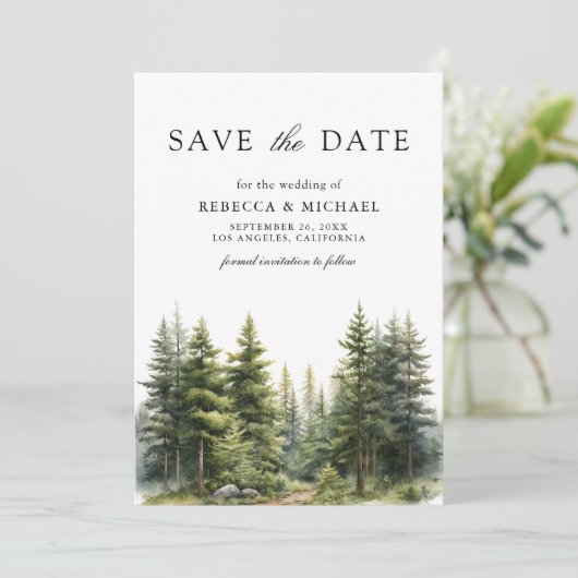 Pine Trees Forest Photo QR Code Wedding Save The Date (Staand voorkant)