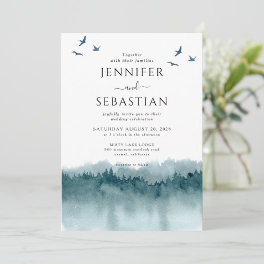 Pine Trees Forest Rustieke Waterverf bruiloft Kaart (Staand voorkant)