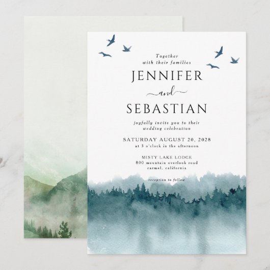 Pine Trees Forest Rustieke Waterverf bruiloft Kaart (Voorkant / Achterkant)