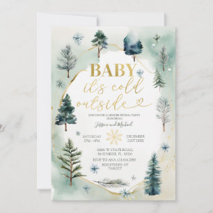 Pine Trees Gold Winter Gender Reveal Baby shower Kaart