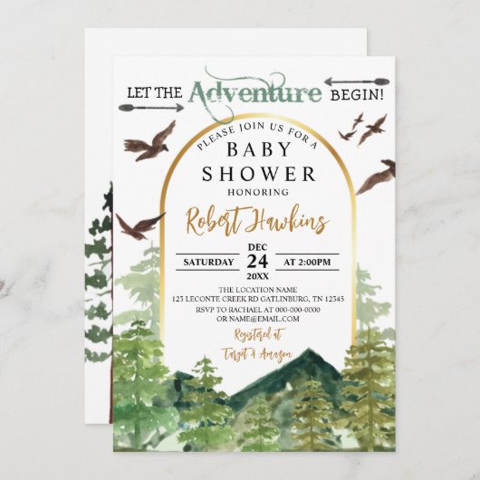 Pine Trees laten het avontuur Baby shower beginnen Kaart (Voorkant / Achterkant)