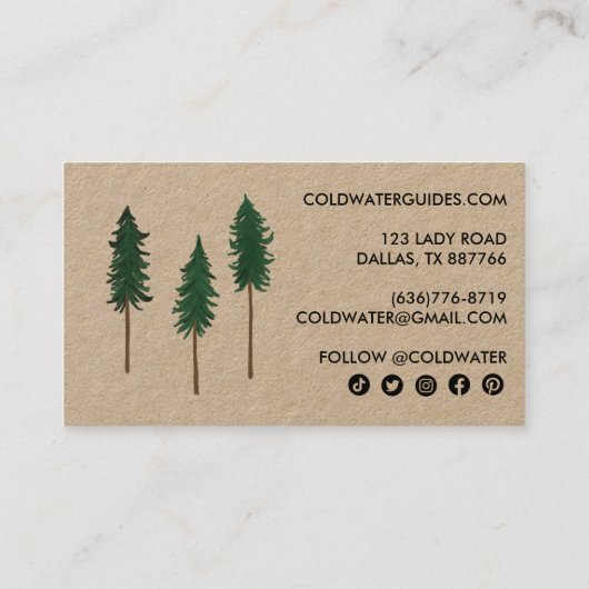 Pine Trees Outdoorsy Camp Adventure Guides KRAFT Visitekaartje (Achterkant)