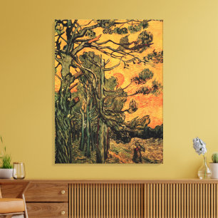 Pine Trees Red Sky stelt Sun in door Vincent van G Canvas Afdruk