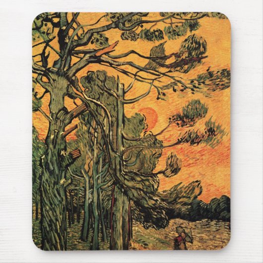 Pine Trees Red Sky stelt Sun in door Vincent van G Muismat (Voorkant)