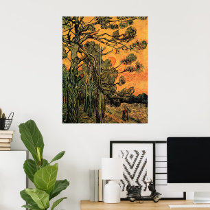 Pine Trees Red Sky stelt Sun in door Vincent van G Poster