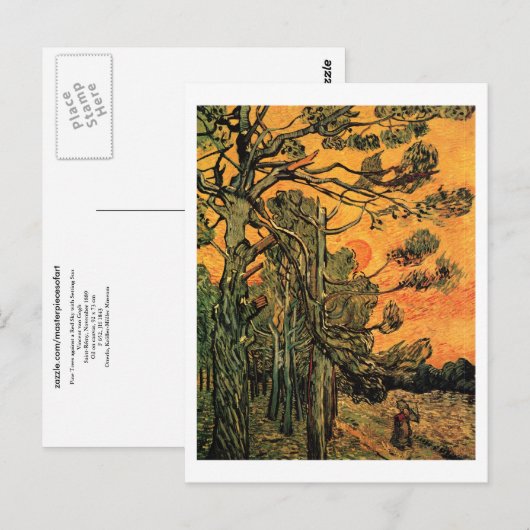 Pine Trees Red Sky Sunset Van Gogh Fine Art Briefkaart (Voorkant / Achterkant)