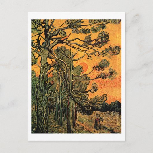 Pine Trees Red Sky Sunset Van Gogh Fine Art Briefkaart (Voorkant)
