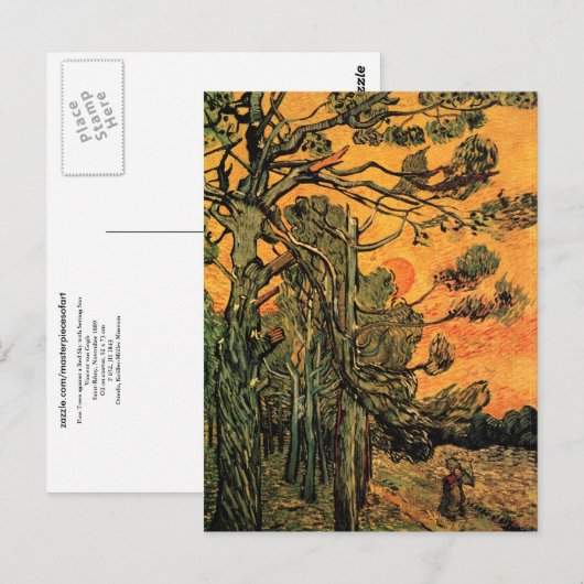 Pine Trees Red Sky Sunset Van Gogh Fine Art Briefkaart (Voorkant / Achterkant)