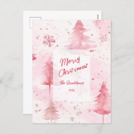 Pine Trees Roze Waterverf Kerst Briefkaart