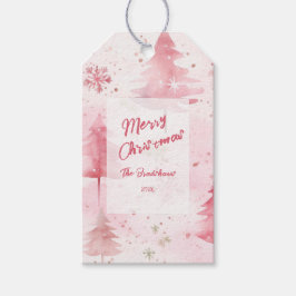 Pine Trees Roze Waterverf Kerst Cadeaulabel