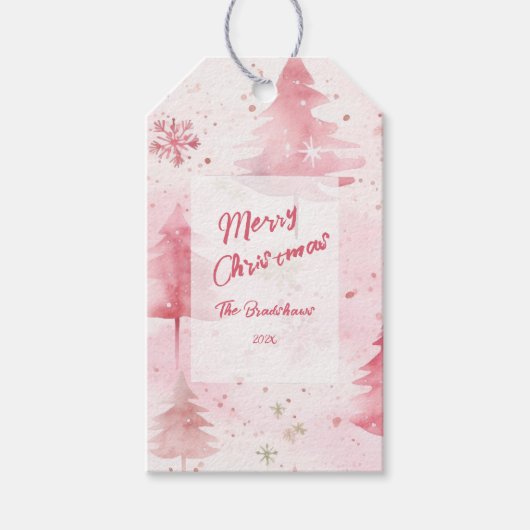 Pine Trees Roze Waterverf Kerst Cadeaulabel (Voorkant)
