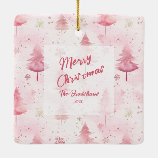 Pine Trees Roze Waterverf Kerst Keramisch Ornament (Achterkant)