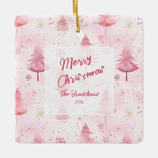 Pine Trees Roze Waterverf Kerst Keramisch Ornament (Voorkant)