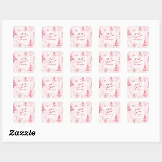 Pine Trees Roze Waterverf Kerst Vierkante Sticker (Vel)