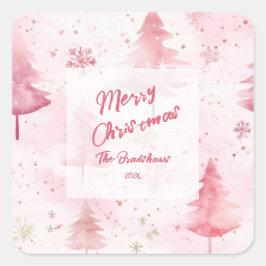 Pine Trees Roze Waterverf Kerst Vierkante Sticker