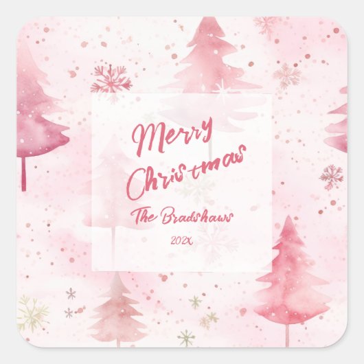 Pine Trees Roze Waterverf Kerst Vierkante Sticker (Voorkant)